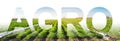 The inscription Agro on the background of a potato plantation field. Agribusiness and agro-industry. Agriculture. The use of