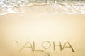 Inscription Aloha written on the sandy beach with ocean wave