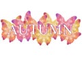 The inscription `Autumn` on a background with multi-colored butterflies. Banner for decoration, postcards and design.