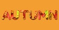 Inscription Autumn made with red, orange, yellow and green maple leaves background. Text for your design. Golden autumn concept.