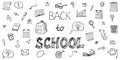 The inscription Back to school. Black lettering with set of hand drawn icons. Vector illustration in doodle style Royalty Free Stock Photo
