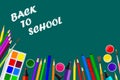 Inscription Back to school in chalk on blackboard, office supplies Royalty Free Stock Photo