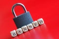 Inscription banned and closed padlock on bright red background. Diagonal. Concept of banning internet forum, chat room, website,