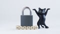 Inscription banned next to a closed padlock and a toy black cat. Concept of firewall, banned internet forum, chat room, website,