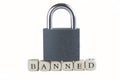 Inscription banned next to a closed padlock. White background. Concept of banned internet forum, chat room, account, internet Royalty Free Stock Photo