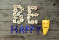 Inscription `Be happy` from flowers on wooden background with pepper in form of emoticon. Royalty Free Stock Photo