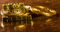 inscription bear market with Crypto currency Golden Bitcoin, BTC, macro-shot coin, bitcoin mining concept Royalty Free Stock Photo
