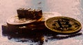 inscription bear market with Crypto currency Golden Bitcoin, BTC, macro-shot coin, bitcoin mining concept Royalty Free Stock Photo