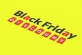 Inscription black friday near labels with word discount on yellow background. Low price Royalty Free Stock Photo