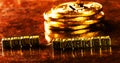 inscription bull market with Crypto currency Golden Bitcoin, BTC, macro-shot coin, bitcoin mining concept Royalty Free Stock Photo