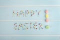 The words Happy Easter with colorful confectionery dressing