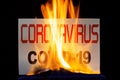 The inscription coronavirus burns in the fire