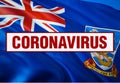 Inscription Coronavirus COVID-19 on Falkland Islands flag background. World Health Organization WHO introduced new official name