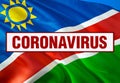 Inscription Coronavirus COVID-19 on Namibia flag background. World Health Organization WHO introduced new official name for