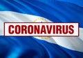 Inscription Coronavirus COVID-19 on Nicaragua flag background. World Health Organization WHO introduced new official name for