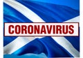 Inscription Coronavirus COVID-19 on Scotland flag background. World Health Organization WHO introduced new official name for