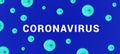 Inscription CORONAVIRUS with green abstract virus strain model on blue background