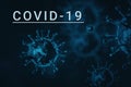 Inscription COVID-19 with virus cell models blue background