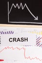 Inscription crash and downward graphs representing financial crisis caused by coronavirus. Risk of global recession