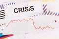 Inscription crisis and downward graphs representing financial crash caused by coronavirus. Risk of recession around world. Covid-