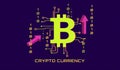 the inscription cryptocurrency on a background of dots with a decorative bitcoin sign with elements of code chips and