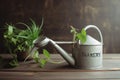 Inscription Earth Day with young plant in watering can on grey wooden table. Generative AI Royalty Free Stock Photo