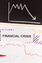 Inscription financial crisis and downward graphs representing financial crash caused by coronavirus. Risk of global recession