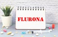 Inscription Flurona Coronavirus infection Covid-19 and flu. Text and lab or laboratory