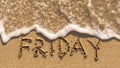 Inscription FRIDAY on a gentle beach sand with the soft wave Royalty Free Stock Photo