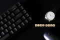 Inscription Game over on black background next to wristwatch, mechanical gaming keyboard and computer mouse. Gambling and the Royalty Free Stock Photo