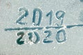 The inscription 2019 and 2020 on the glass by hoarfrost