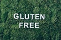 Inscription Gluten Free on moss, green grass background. Top view. Copy space. Banner. Biophilia concept. Nature Royalty Free Stock Photo