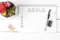 Inscription Goals in a notebook, close-up, top view, concept of planning, setting purpose