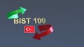 Inscription in gold letters `BIST 100` and the Turkey flag surrounded by a red and green arrows on a neutral background. Royalty Free Stock Photo