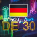 Inscription in gold letters `DE 30 Index` and the flag of Germany on the background of the price chart and arrows. 3D rendering.