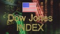 Inscription in gold letters `Dow Jones Index` and the flag of USA on the background of the price chart and arrows. 3D rendering.