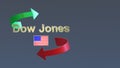 Inscription in gold letters `Dow Jones` and the US flag surrounded by a red and green arrows on a neutral background.