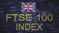 Inscription in gold letters `FTSE 100` and the flag of Great Britain on the background of the price chart and quotes