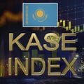 Inscription in gold letters `KASE index` and the flag of Kazakhstan against the background of the price chart and buildings of A