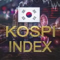 Inscription in gold letters `KOSPI index` and the flag of Republic of Korea against the background of the price chart and buildi