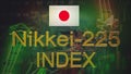 Inscription in gold letters `Nikkei-225 Index` and the flag of Japan on the background of thetraditional japanese landscape with