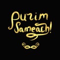 Inscription golden Purim Sameach. Gold lettering. Carnival mask. Vector illustration