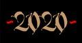 Inscription 2020, Gothic. Vector. New Year in medieval style. Golden logo on a black background