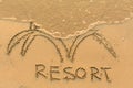 Inscription by hand RESORT in the beach sand in the surf line. Abstract. Royalty Free Stock Photo