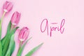 .Inscription Happy April. Tulip flower. Royalty Free Stock Photo