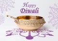 Inscription Happy Diwali and clay lamp on background Royalty Free Stock Photo