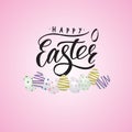 Inscription of Happy Easter black color with small decor of egg on pink background with illustration of colorful egges. Royalty Free Stock Photo