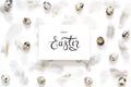 Inscription Happy Easter. Pattern with quail eggs and feathering on white background