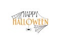 Inscription Happy Halloween. Silhouette of web and spider. White background. Isolated Royalty Free Stock Photo