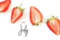 Inscription Happy July. Creative fresh strawberries pattern background.